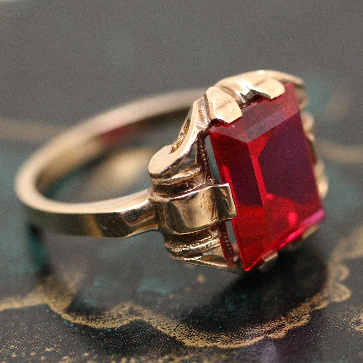 Vintage 8X10mm Yellow Gold Ruby Engagement Ring Diamond Halo Wedding Band 4  Carat